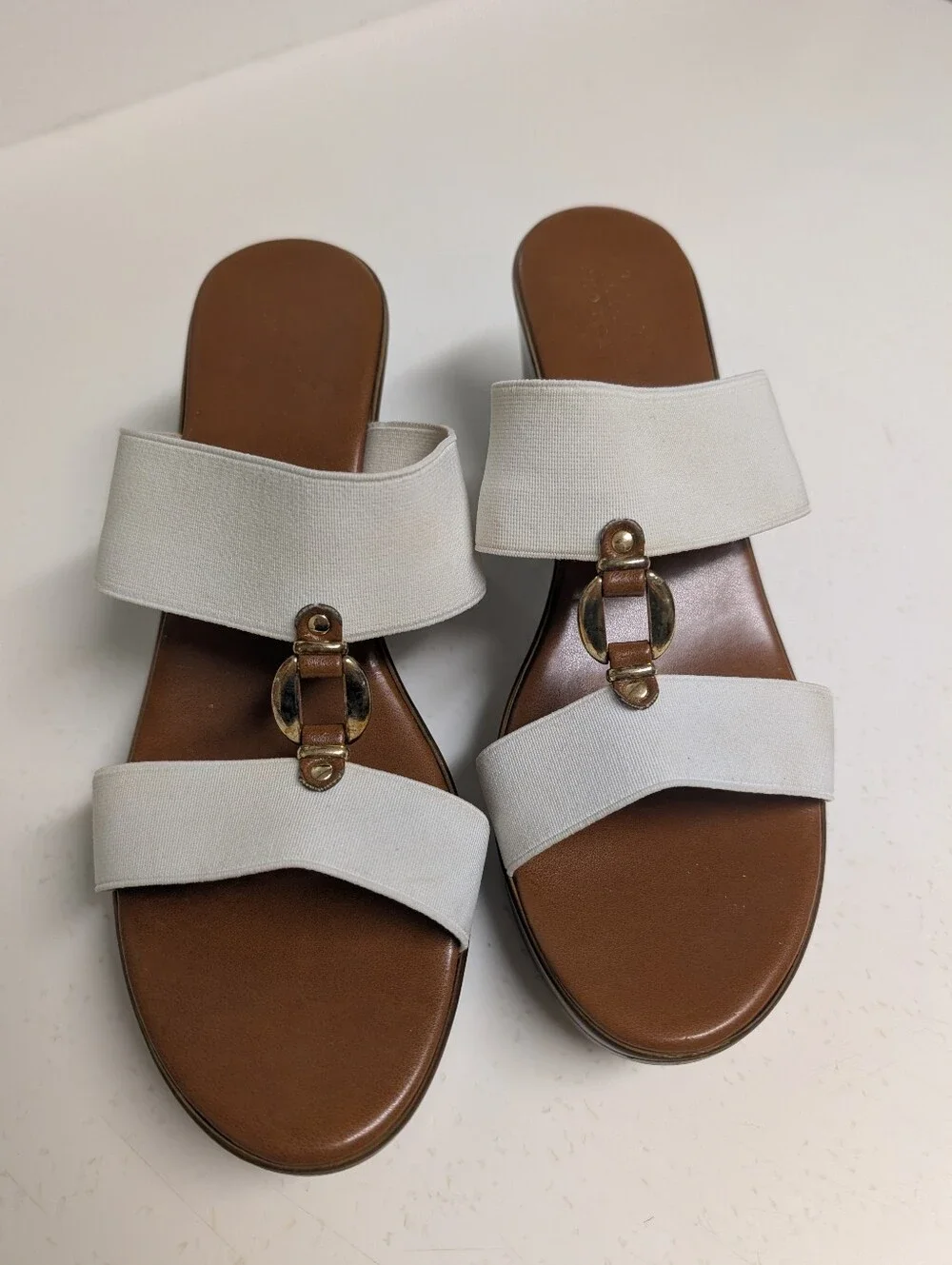 White Double-Strap Wedge Sandals with Gold Accent